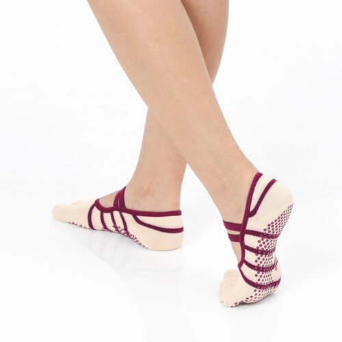 Thumb Toe beige Burgundy Strap Pilates Grip Socks
